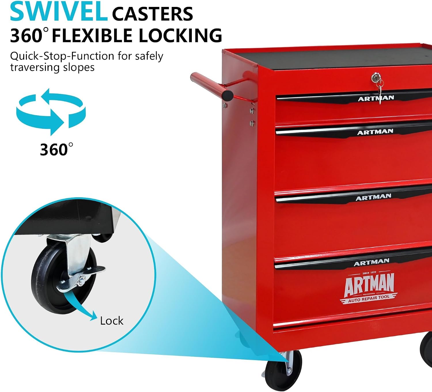 4 Drawers Tool Cart on Wheels, Multifunctional Rolling Tool Chest, Drawers Mobile Trolley Organizer Heavy Duty Tools Box with Locking Wheels & Ball Bearing Drawers (Red, 4 Drawers)