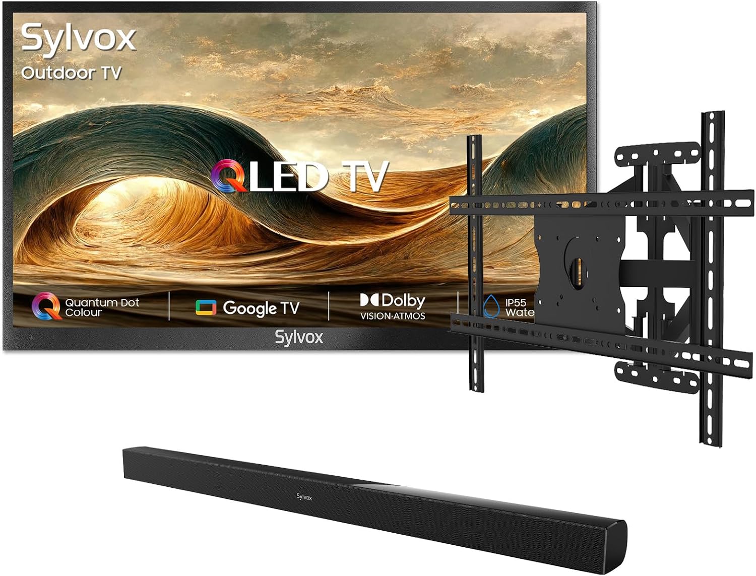 SYLVOX Outdoor TV with Soundbar & Mount, 75 inch 4K QLED Smart TV, Weatherproof TVs Support Google Assistant, Wide Viewing Angle, IP56 Waterproof, 1000 Nits Partial Sun QLED Television(2026 Model)
