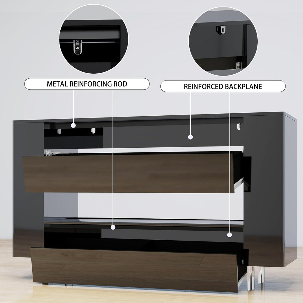 High Gloss TV Stand with 2 Large Drawers & Push-Open Doors - High Gloss Modern TV Console Storage Cabinet for Living Room, Office