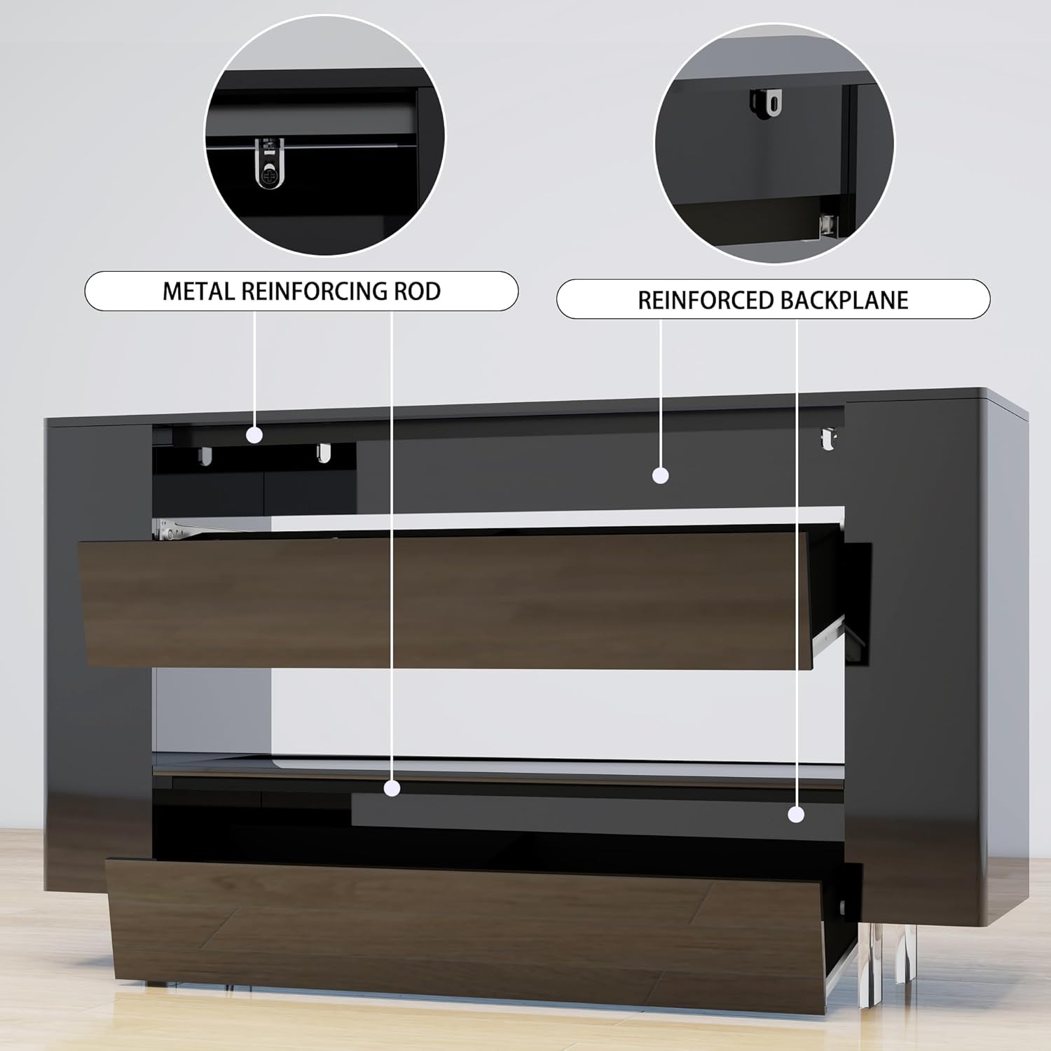 High Gloss TV Stand with 2 Large Drawers & Push-Open Doors - High Gloss Modern TV Console Storage Cabinet for Living Room, Office