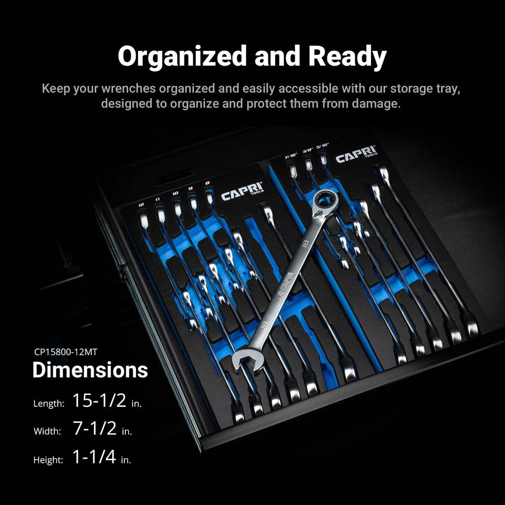 Capri Tools 120-Tooth Ultra-Smooth Reversible Ratcheting Wrenches Set, XL Long Series, 12-Point, 8 to 19 mm, Metric, 12-Piece with Merchanic's Tray