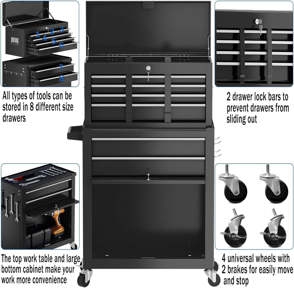 8-Drawer High Capacity Rolling Tool Box with Wheels,Rolling Tool Chest with Drawer,Tool Box on 4 Wheels with Lock, Tool Storage Cabinet Removable Portable Box for Garage Warehouse (Black)