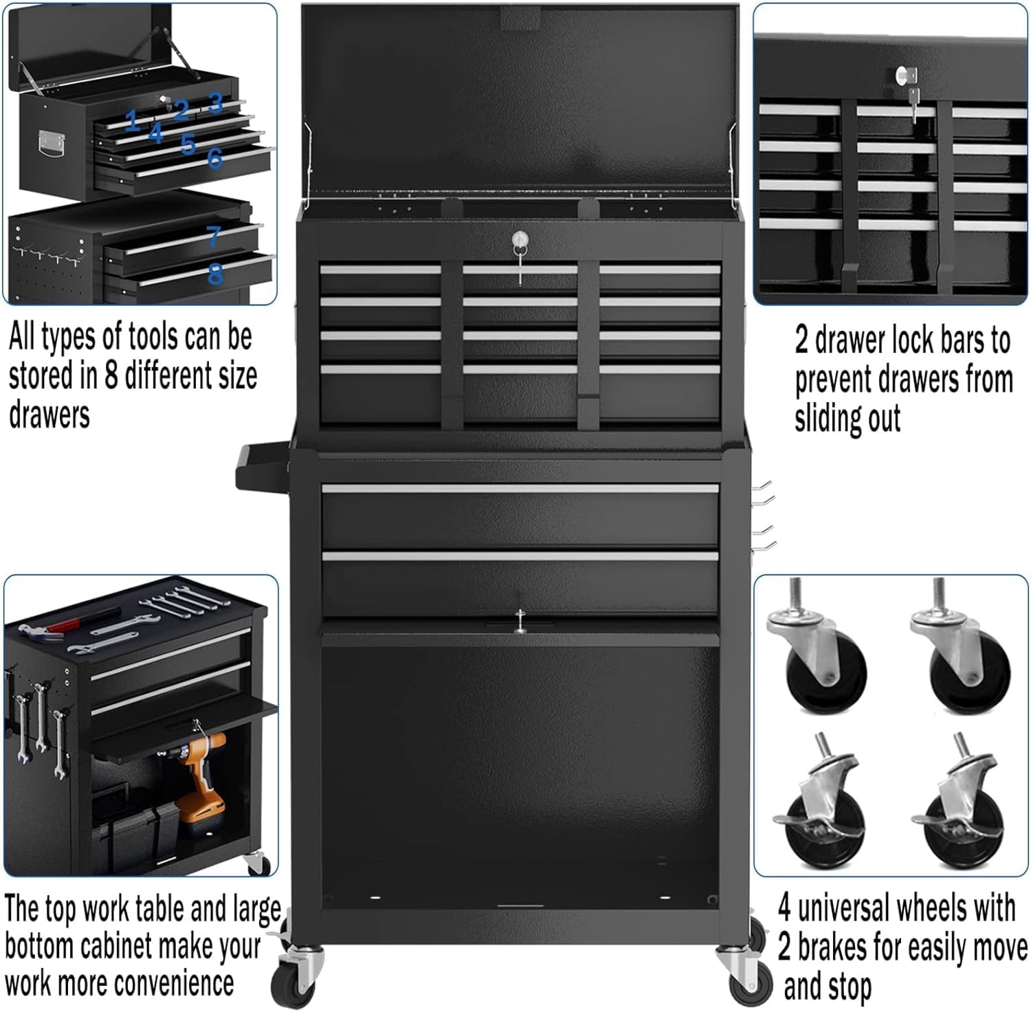 8-Drawer High Capacity Rolling Tool Box with Wheels,Rolling Tool Chest with Drawer,Tool Box on 4 Wheels with Lock, Tool Storage Cabinet Removable Portable Box for Garage Warehouse (Black)