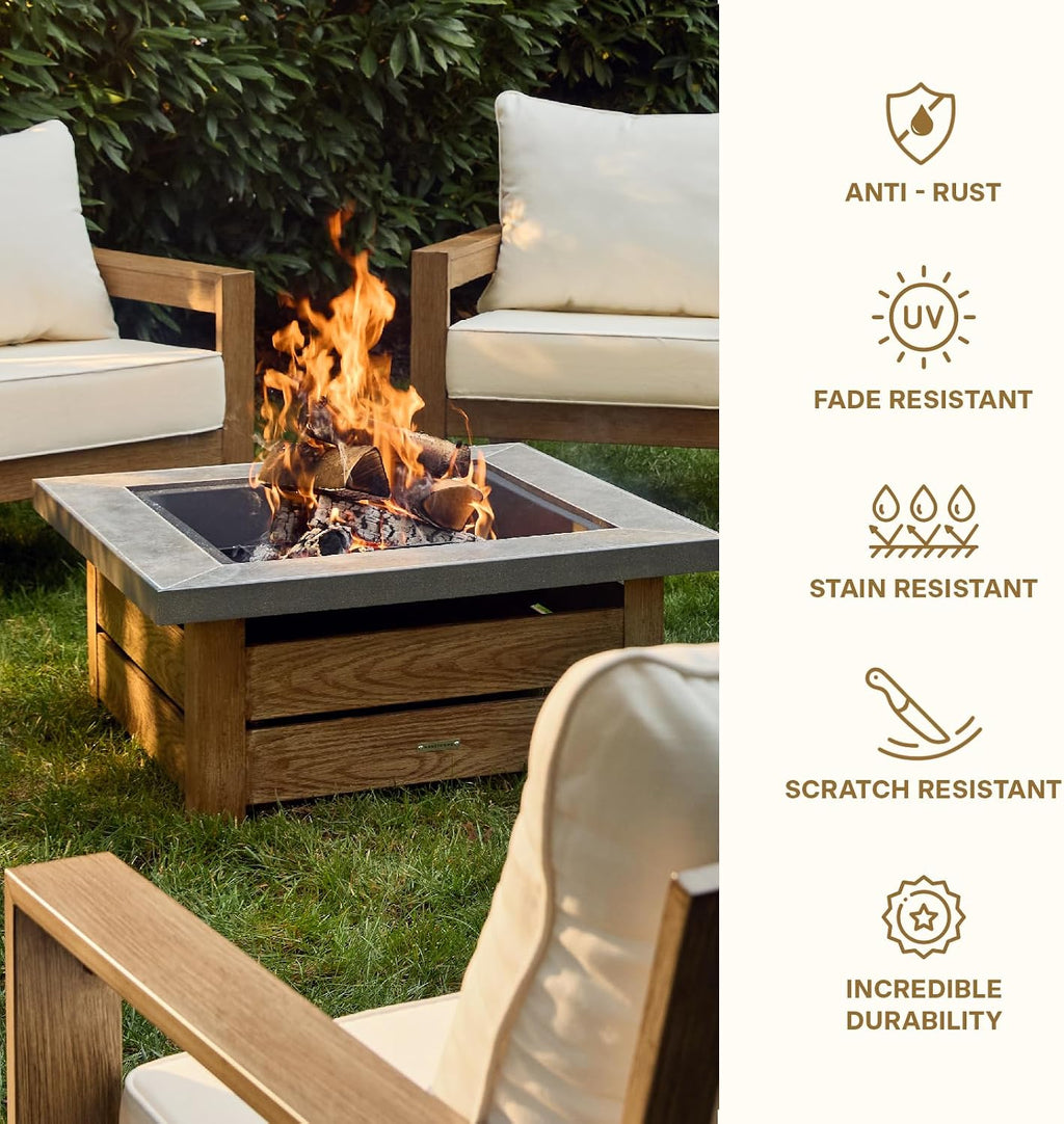 Honeycomb Outdoor Edisto Wood Burning Fire Pit with Cover and Poker, White Frame with Wood Grain Finish, Ceramic Tile Tabletop