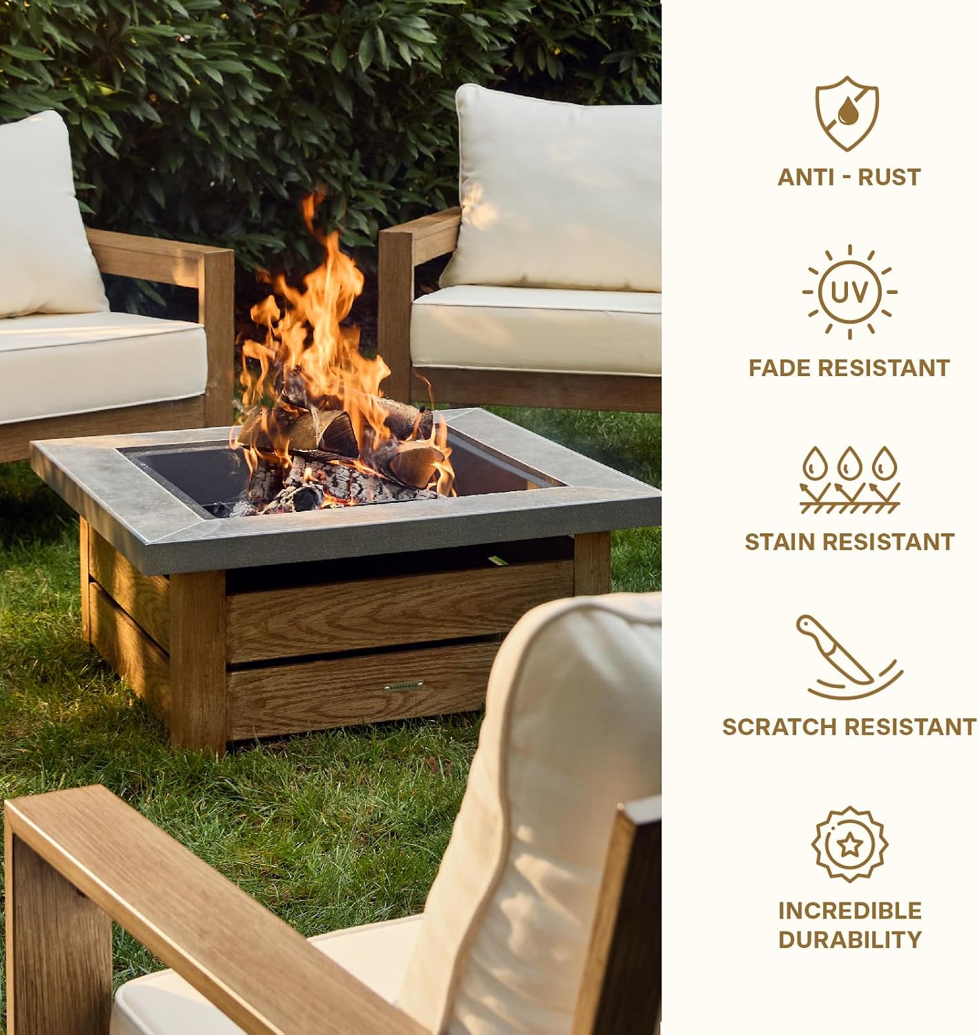 Honeycomb Outdoor Edisto Wood Burning Fire Pit with Cover and Poker, White Frame with Wood Grain Finish, Ceramic Tile Tabletop