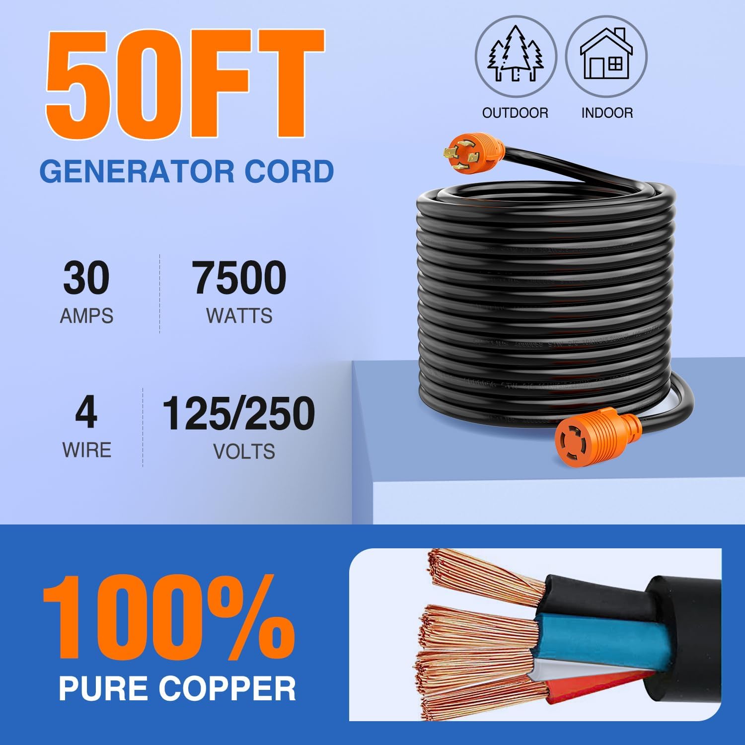 Nilight 30 Amp 50FT Generator Extension Cord 125/250V 7500 Watt Heavy Duty 10 Gauge Pure Copper STW Wire ETL Listed 4 Prong L14-30P L14-30R Cable for RV Camper Outdoor Use