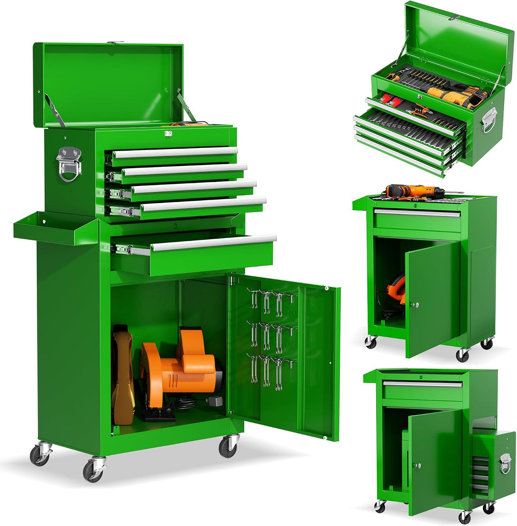 5-Drawer Rolling Tool Chest - Heavy-Duty Steel Tool Cabinet with Detachable Top Box, Locking Wheels & Security System for Garage/Workshop, 2-in-1 Design (Green)