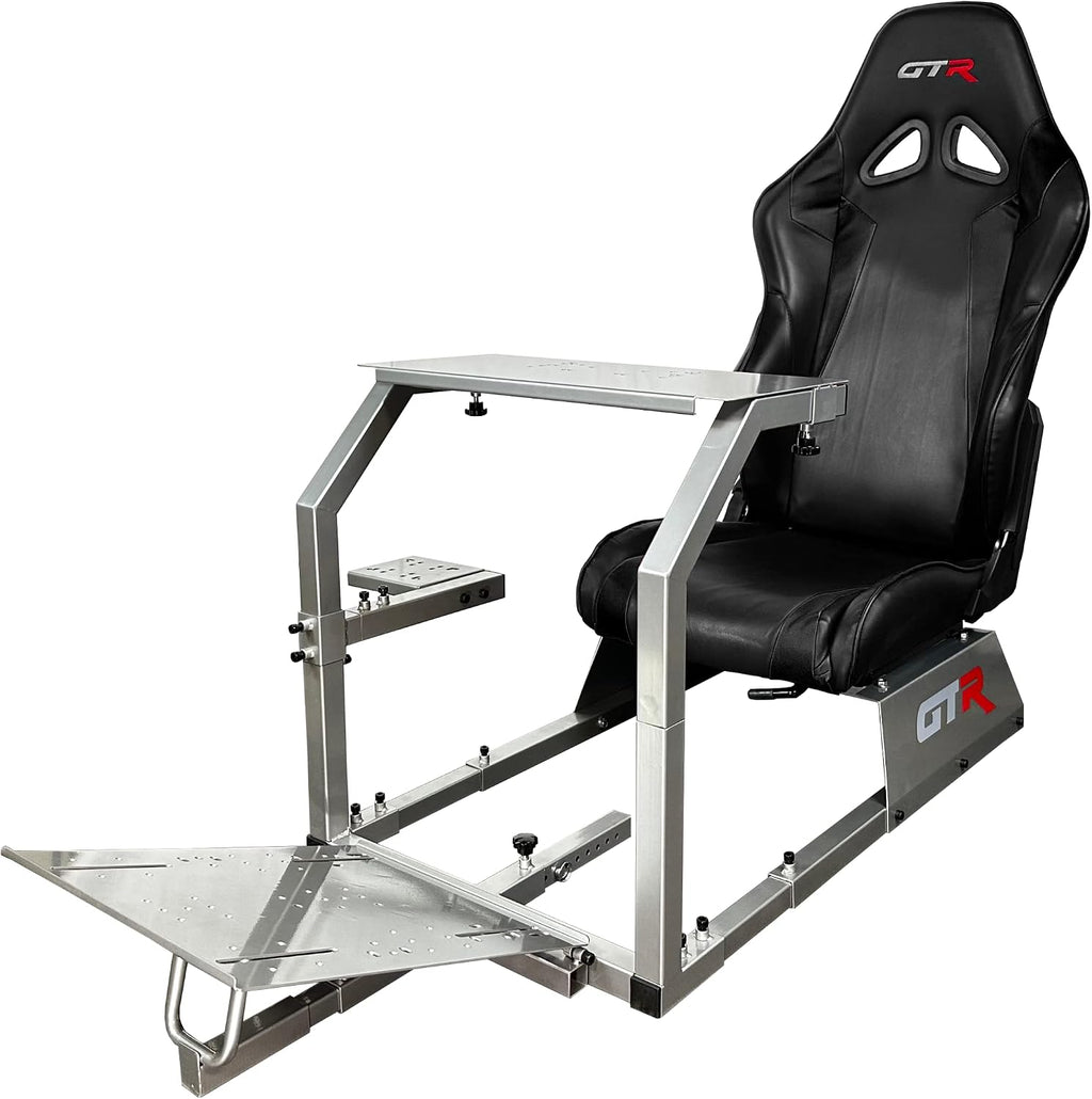 GTR Simulator GTA Model Silver Frame with Adjustable Black Leatherette Racing Seat Racing Driving Gaming Simulator Cockpit Chair