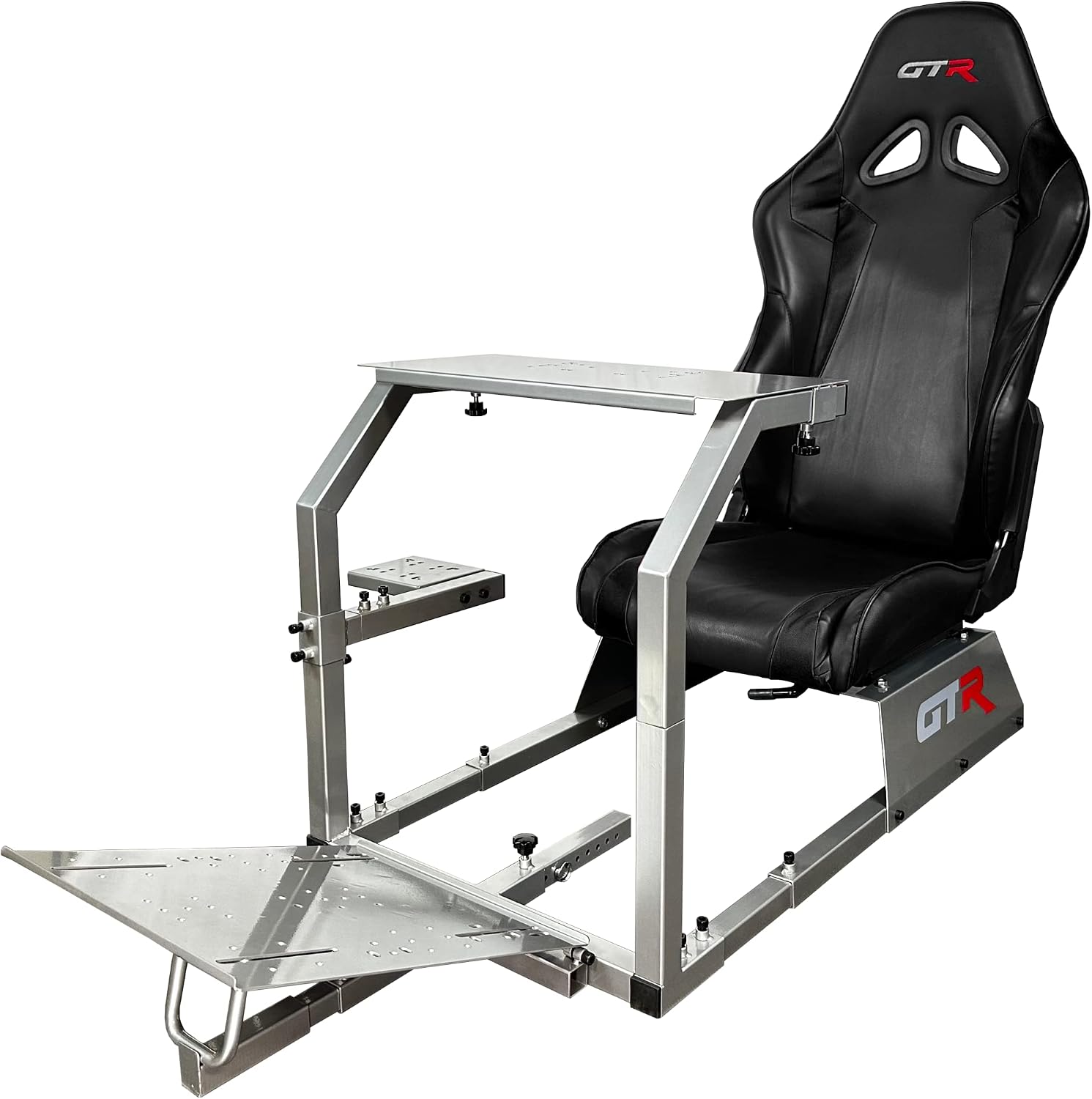 GTR Simulator GTA Model Silver Frame with Adjustable Black Leatherette Racing Seat Racing Driving Gaming Simulator Cockpit Chair