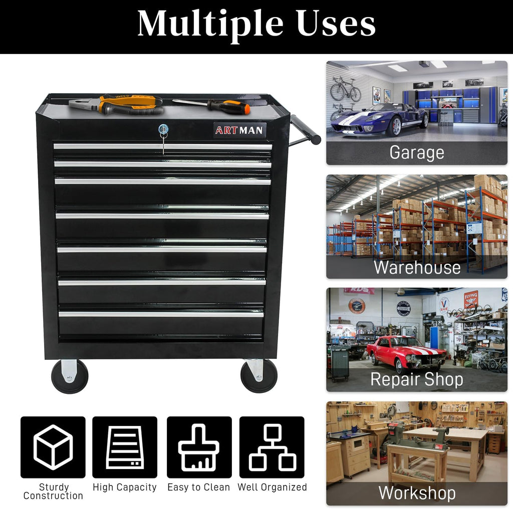 Rolling Tool Chest with 7-Drawer Tool Box with Wheels Multifunctional Tool Cart Mechanic Tool Storage Cabinet for Garage, Warehouse, Workshop, Repair Shop (Black)