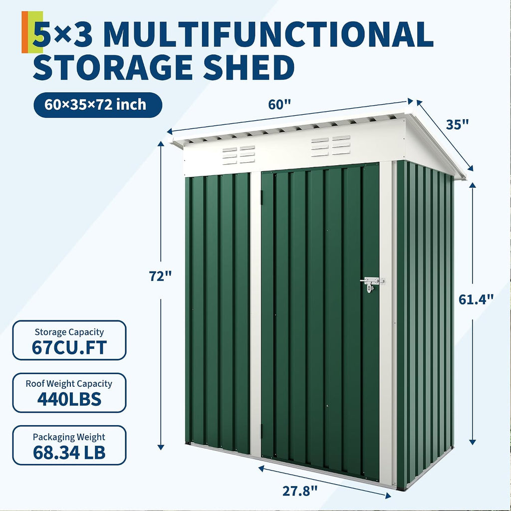 Garvee Metal Tool Shed with Single Door - Slanted Roof, Small Size, 5x3FT, Garden Storage, Outdoor Iron Tool Storage