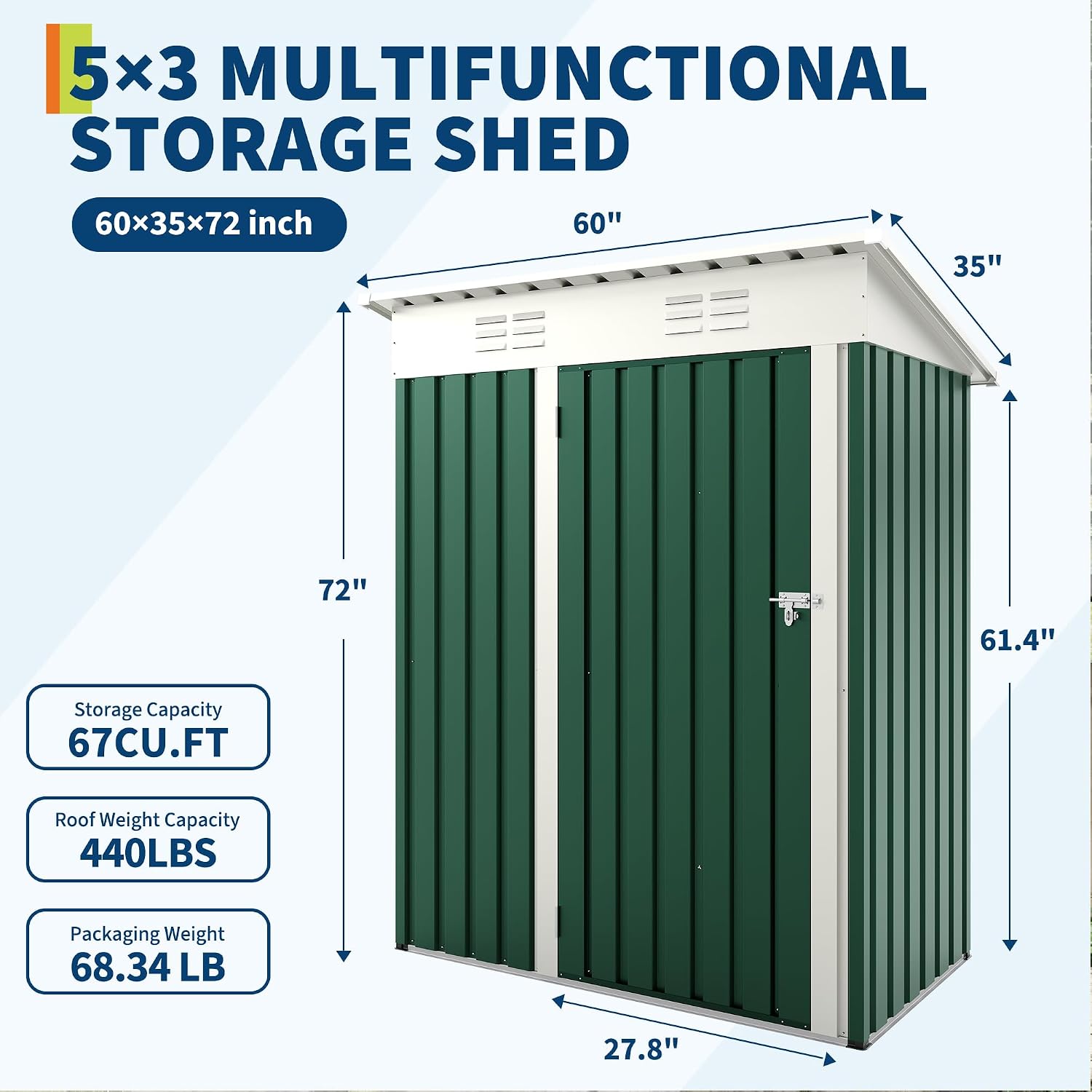 Garvee Metal Tool Shed with Single Door - Slanted Roof, Small Size, 5x3FT, Garden Storage, Outdoor Iron Tool Storage