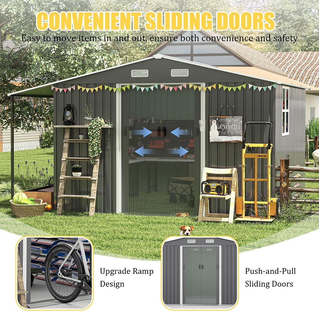 10×12 FT Extra-Large Outdoor Storage Shed with Firewood Bay, Waterproof Metal Garden Shed with Sliding Doors, Ramp, 4 Windows, Vents & Galvanized Steel Panels for Backyard, Lawn & Patio Tool Storage