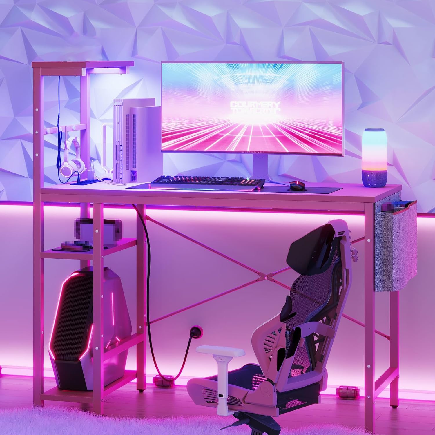 Bestier Pink Gaming Desk with Power Outlets, 44 Inch Led Gamer Desk with 4 Tiers Reversible Shelves, Computer Desk with Headset Hook & Side Storage Bag for Bedroom (Pink 3D Carbon Fiber)