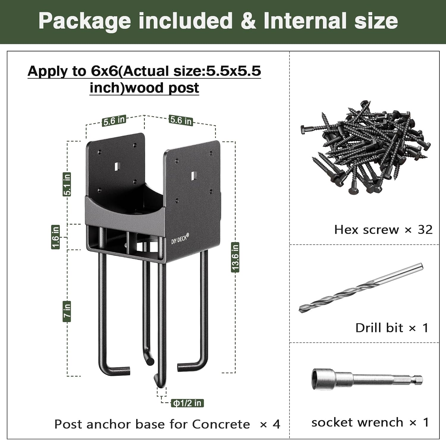 4Pack Heavy Duty Stainless Steels U-Shape Wet Concrete Fence Post Holder 6'x6' (Actual 5.5 'x5.5) Base Anchor Bracket with Air Flow Channel for Terrace Post Base,Fences, Wood Pergola [Patent Pending]