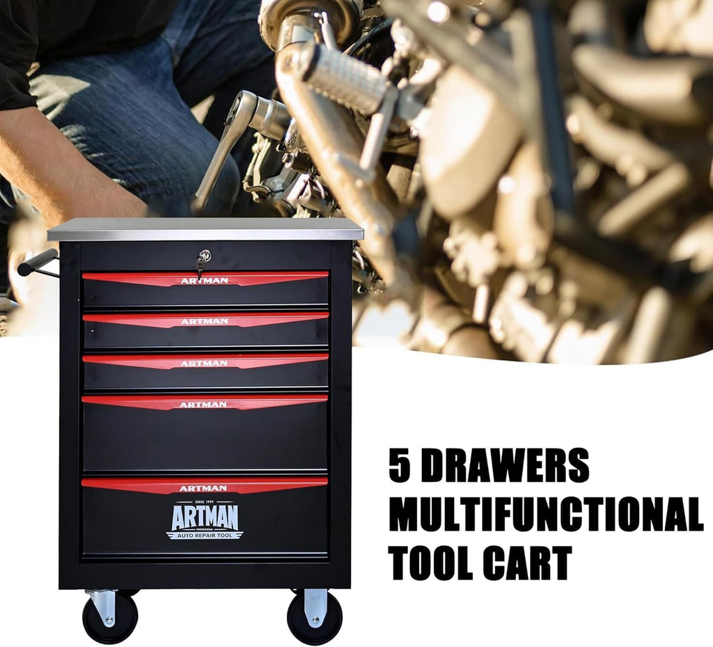 5 Drawers Tool Cart on Wheels, Stainless Steel Countertop Multifunctional Rolling Tool Storage Chest, Drawer Rolling Trolley Organizer Tool Box for Garage,Workshop(5 Drawers-Black)