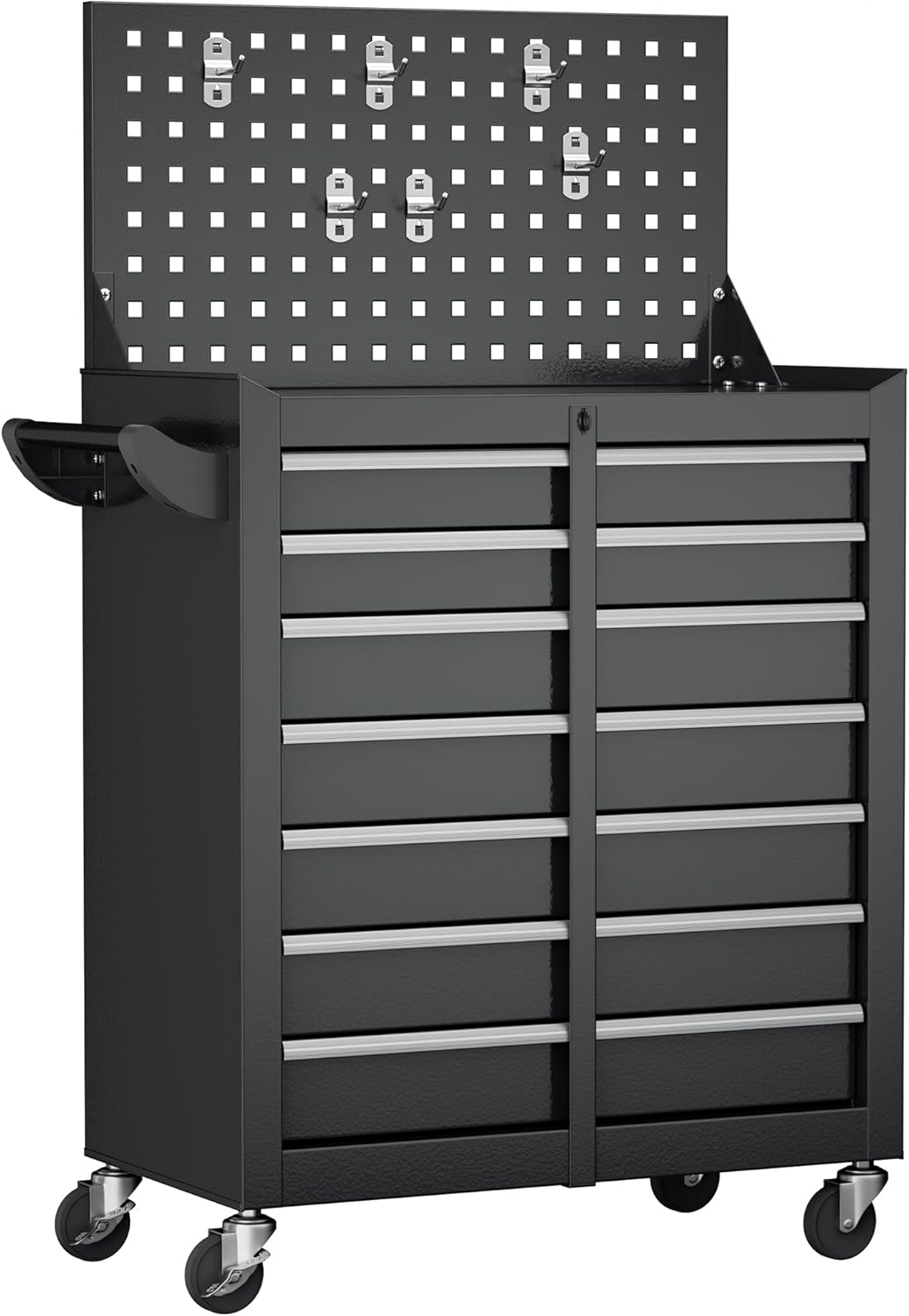Greenvelly Tool Chest, 7-Drawer Rolling Tool Chest with Hooks and Lockable Wheels,Tool Cabinet with Pegboard and Handle for for Garage,Workshop,Art Studio(Black)