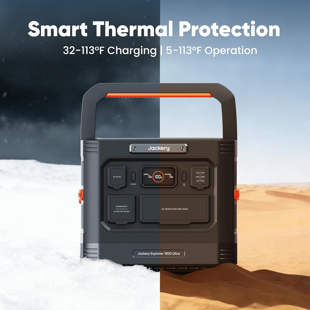Jackery Explorer 1500 Ultra Portable Power Station, 1536Wh LiFePO4 Battery, 1800W AC (3600W Peak), IP65 Waterproof, 1.5H Fast Recharge, Solar Generator for Camping, RV & Backup