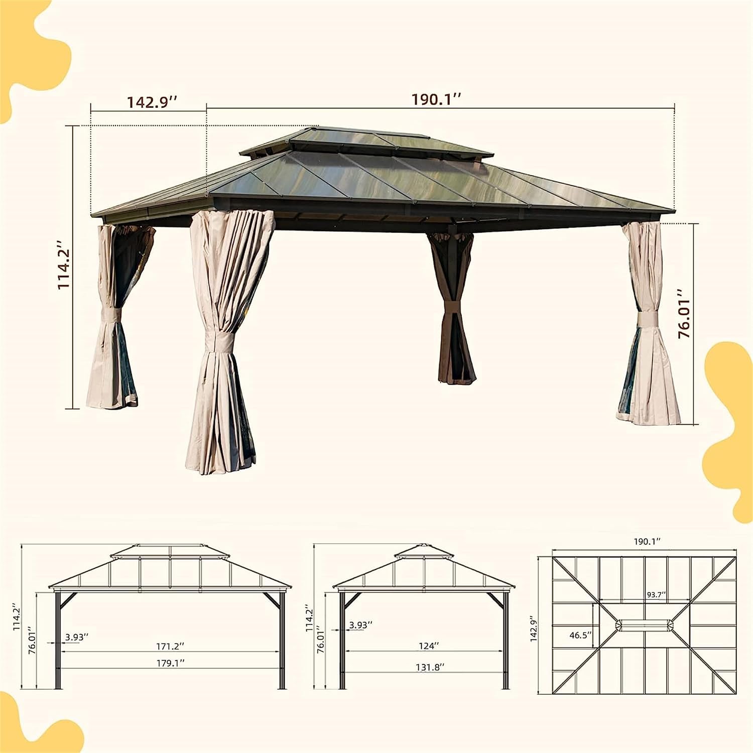 12x16Ft Hardtop Gazebo Wood-Looking Aluminum Frame Patio Gazebos with Polycarbonate Double Roof Permanent Gazebo Pavilion with Curtain and Netting for Garden Patio Lawns Deck Backyard