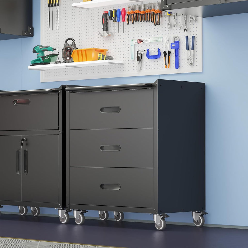 Black Metal Garage Storage Cabinet on Wheels, Heavy Duty Steel Rolling Tool Chest with Drawers, Mobile Tool Storage Cabinets for Warehouse Garage Basement, Assembly Required
