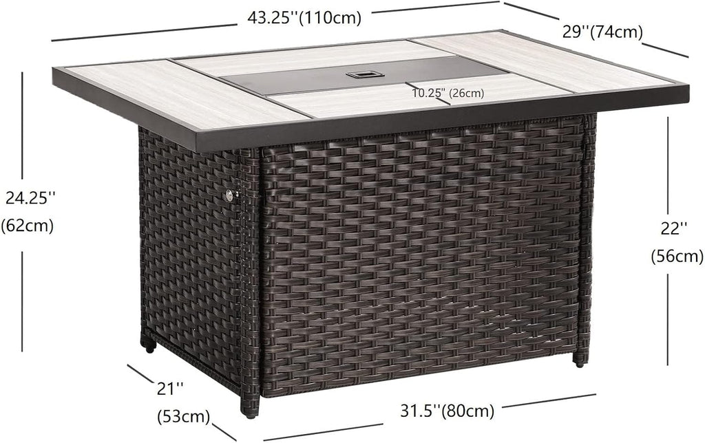 Grand Patio Outdoor 43-Inch CSA Safety Approved Gas Fire Pit Table 60,000 BTU Rectangle Propane Fire Pit with Ceramic Tile Top and Wicker Base