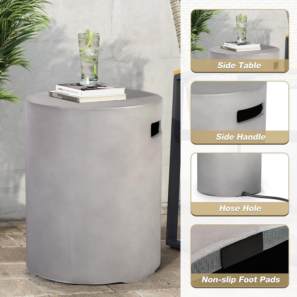 Propane Tank Cover Table, 20 LB Concrete Tank Storage Box, Modern Outdoor Gas Tank Covers Hideaway Table for Propane Fire Pit and Gas, Round Tank Holder with Handles (Gray) φ16 X 20inch
