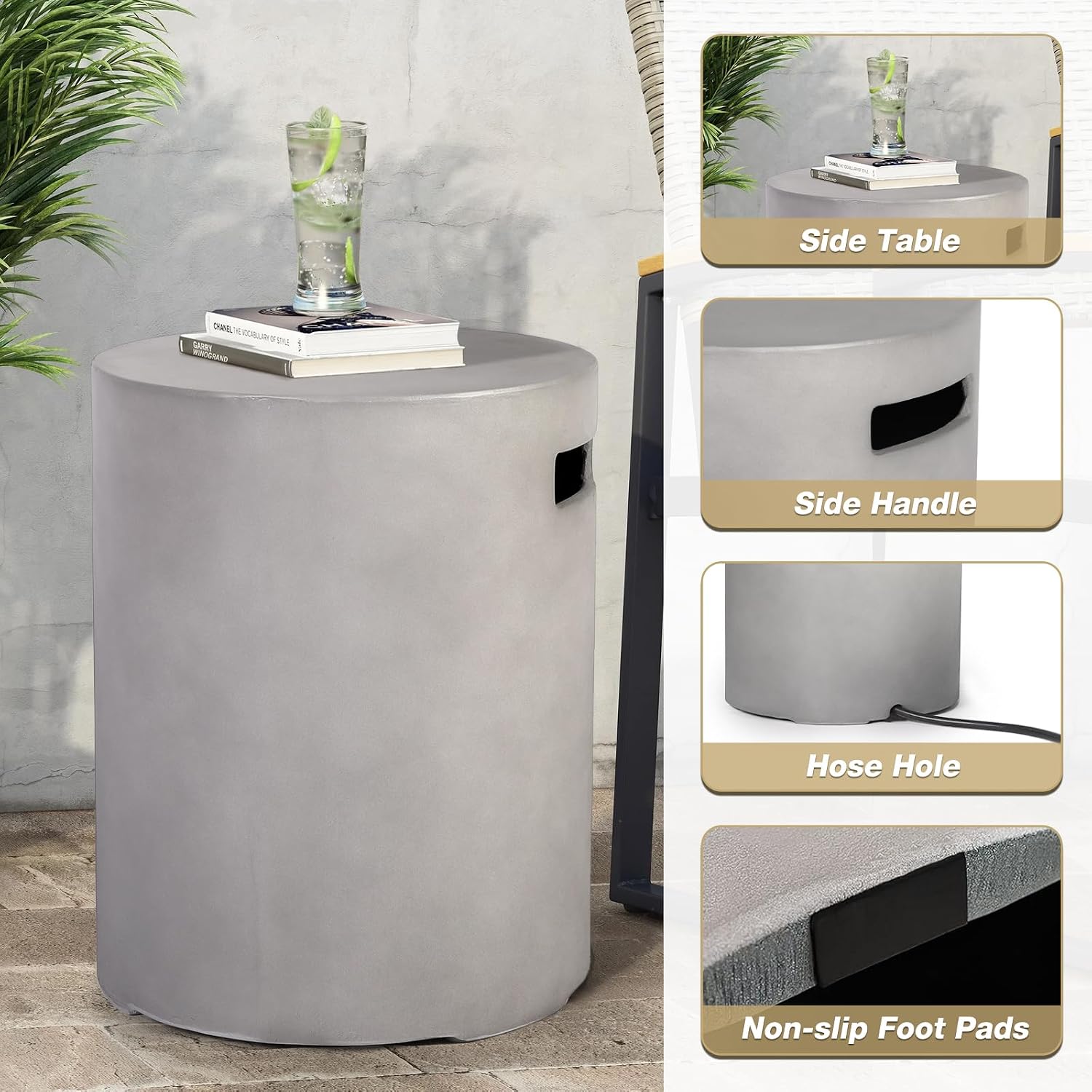 Propane Tank Cover Table, 20 LB Concrete Tank Storage Box, Modern Outdoor Gas Tank Covers Hideaway Table for Propane Fire Pit and Gas, Round Tank Holder with Handles (Gray) φ16 X 20inch