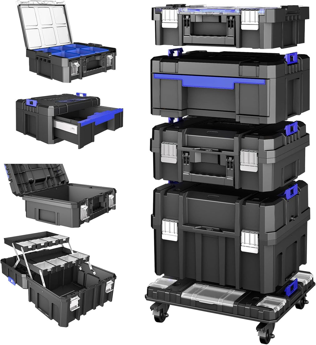 4 Tier Stackable Rolling Tool Box with Wheels | Modular Tool Organizer Box Storage System | Portable Tool Box with Drawers | Tough and Durable | For Garage Storage | Home Repairs | Professional Work