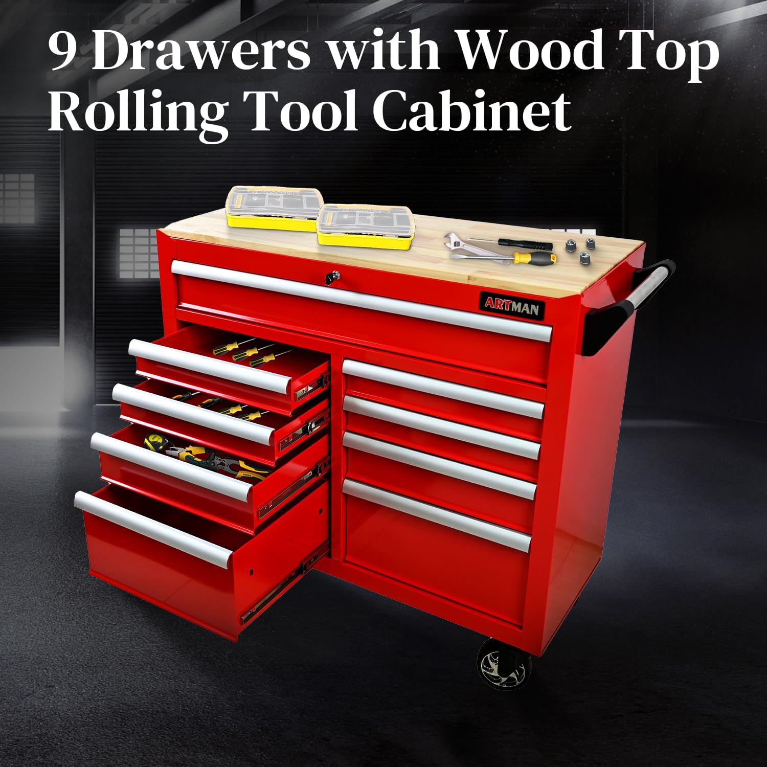 Heavy Duty Rolling Tool Chest with 9-Drawer Wood Top Tool Cart Mechanic Tool Box with Wheels Tool Storage Cabinet Mobile Workbench Tool Bench for Garage, Warehouse, Workshop, Repair Shop (Red)
