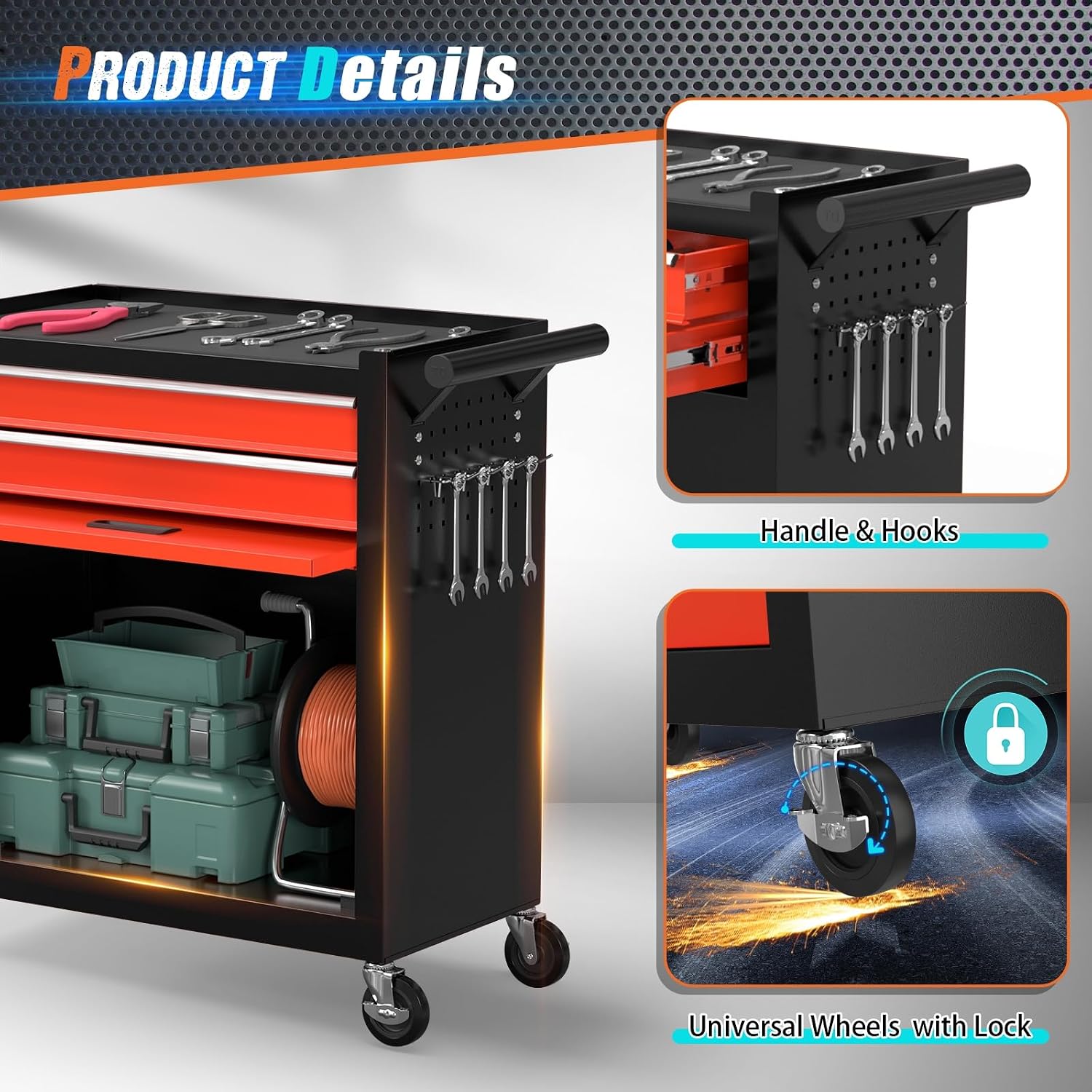 8-Drawer Rolling Tool Chest with Wheels, 2-in-1 Detachable Tool Box with Drawers and Large Cabinet, Rolling Tool Chest Storage Cabinet with Lockable for Warehouse, Garage, Workshop (BlackRed)