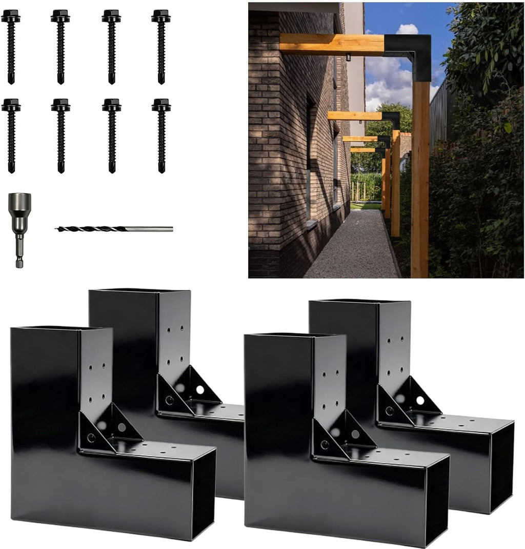 4'x4' L-Shaped Pergola Bracket,2-Way Woodwork Bracket for Indoor & Outdoor Wood Post Structures,DIY 90° Right Corner Brackets for Gazebos,Patios,Porchs,Log Cabins with Screws - 4Pack