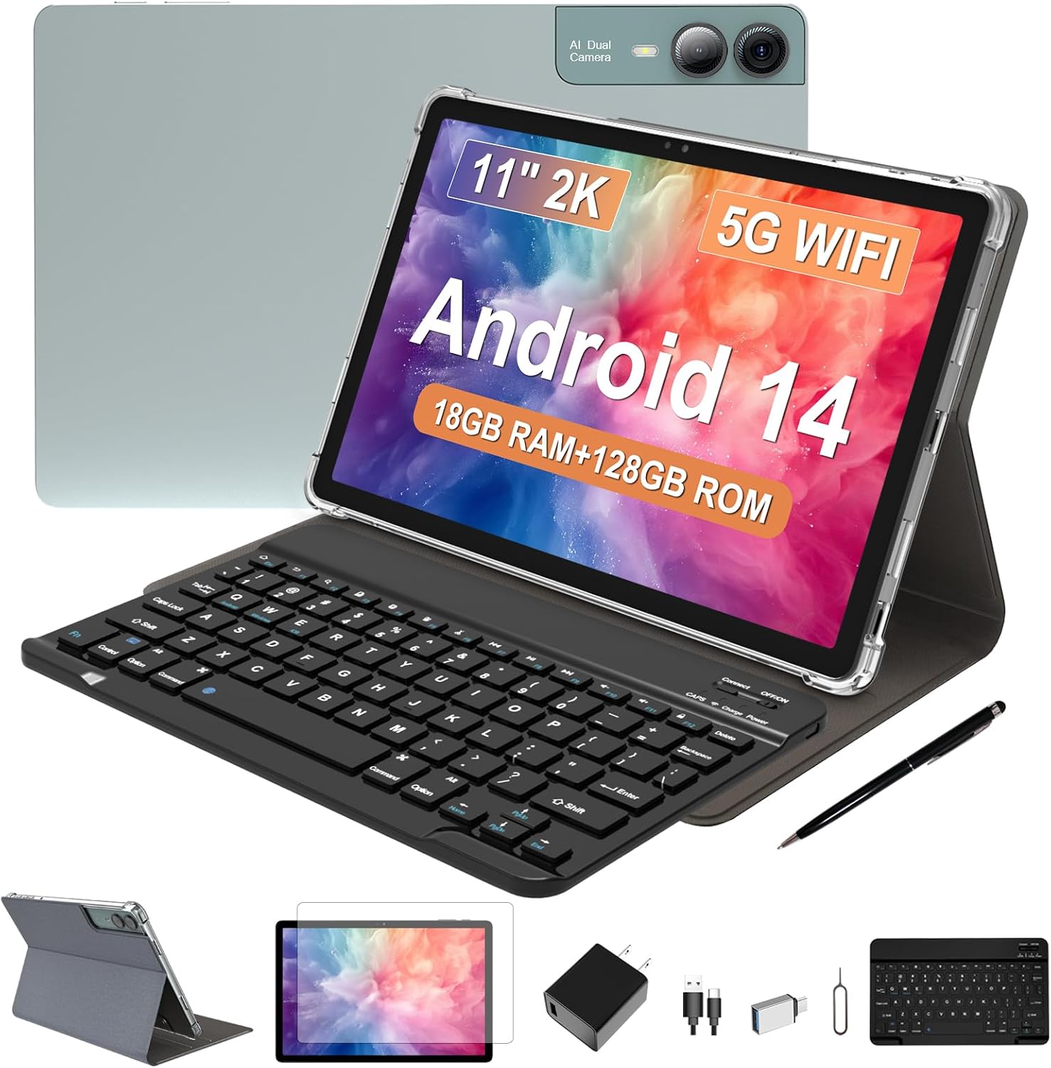 2026 Latest 11 inch Android Tablet, 18GB RAM, 128GB ROM, 1TB Expand, 2K Display, T616 Octa-Core, 5G WiFi, 13MP+5MP+5MP Camera, GPS, 9000mAh, Tablet with Case/Keyboard/Pen, Quad Speakers