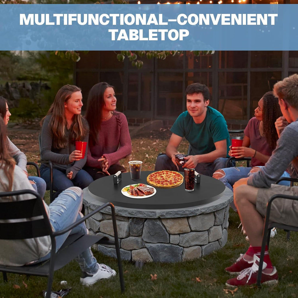 Fire Pit Lid Cover Round - 34' Rust Resistant Powder Coated Steel Firepit Cover or Table with 2 Wooden Handles for Patio Fire Pit, Weatherproof for All Seasons, Fits Fire Pits Up to 32'