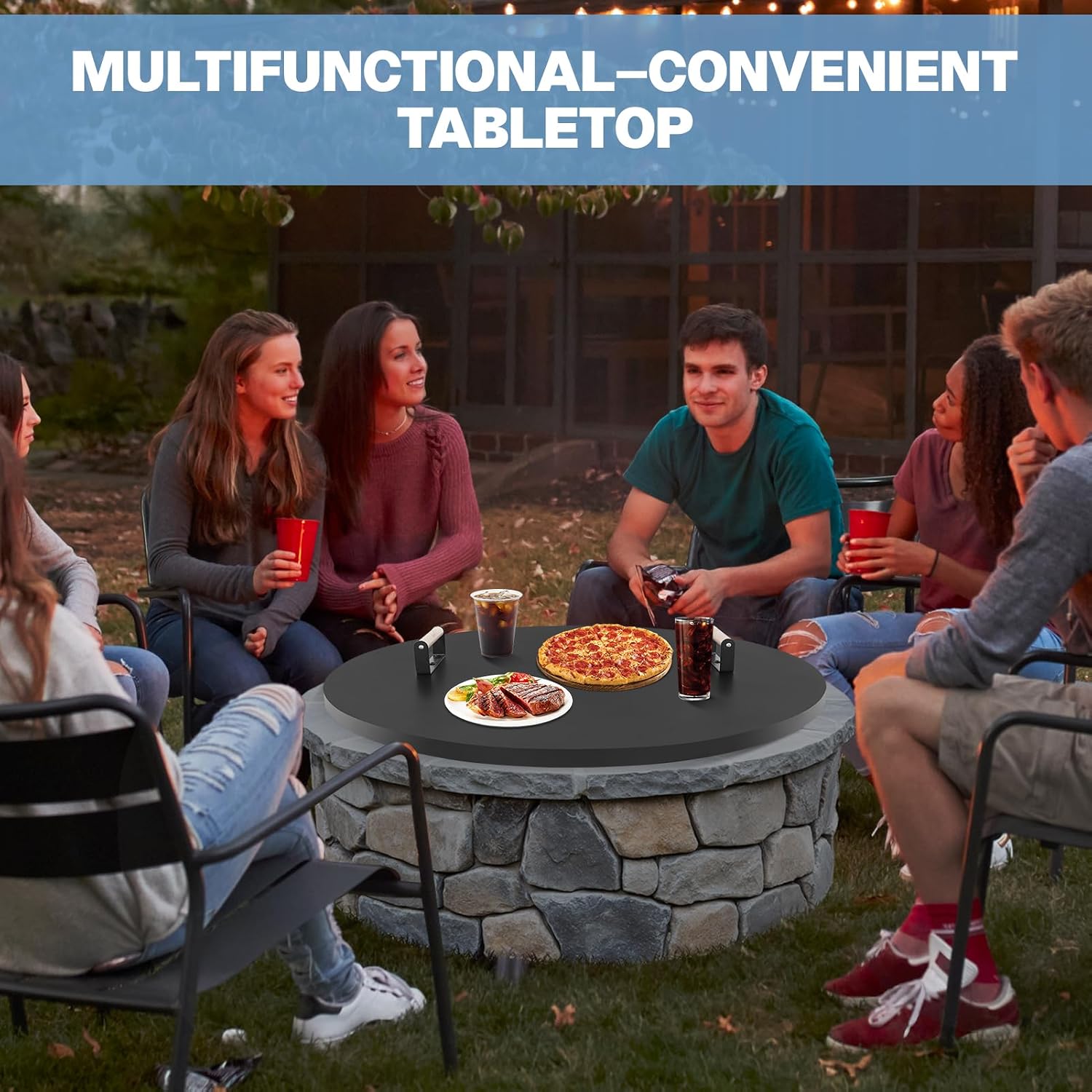 Fire Pit Lid Cover Round - 34' Rust Resistant Powder Coated Steel Firepit Cover or Table with 2 Wooden Handles for Patio Fire Pit, Weatherproof for All Seasons, Fits Fire Pits Up to 32'