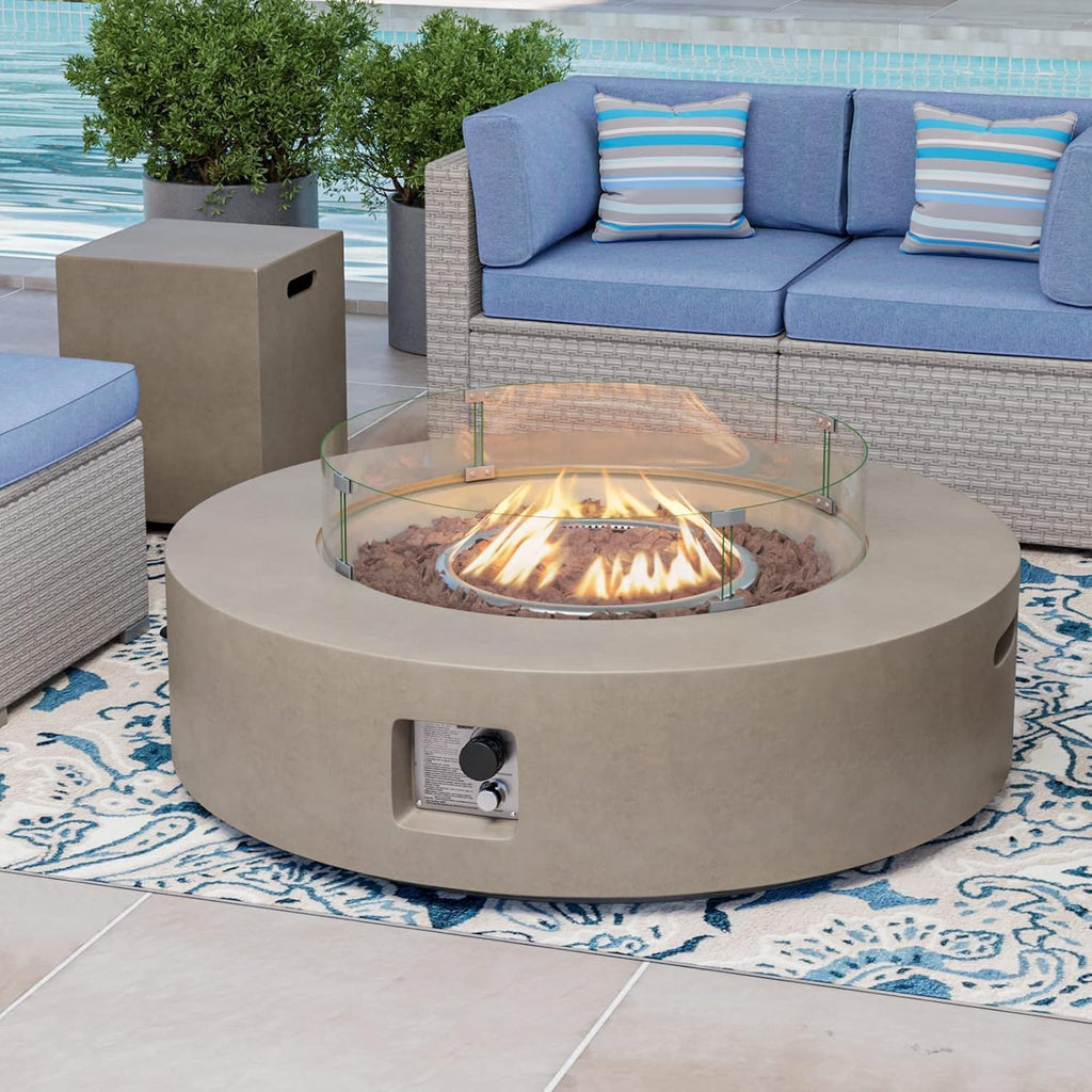 COSIEST 2-Piece Outdoor Propane Firepit Table Set w Tank Table, 42' Fire Table Certified, 50,000 BTU w Gray Round Base,Wind Guard and 16 inches Tank Side Table 20lb for Garden,Pool