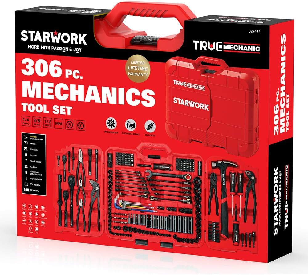 STARWORK TRUE MECHANIC 306-Piece Mechanics Tool Set and Socket Set, Comprehensive Tool Kit, Automotive Repair Tool Set, 【Pliers Wrench】, Professional