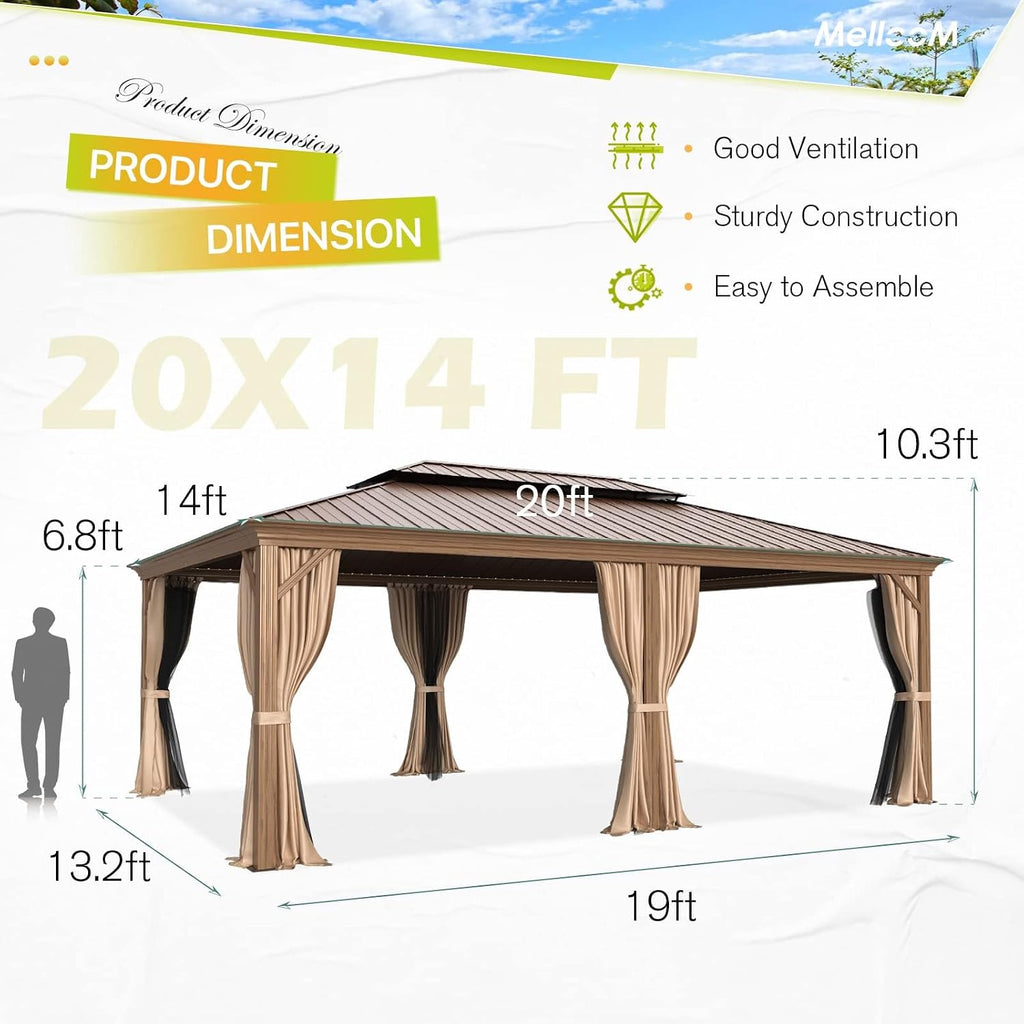 YOLENY 14'x20' Gazebo, Galvanized Steel Double Roof with Wood Grain Aluminum Frame, Outdoor Permanent Metal Pavilion with Curtains and Nettings for Patio, Backyard and Deck
