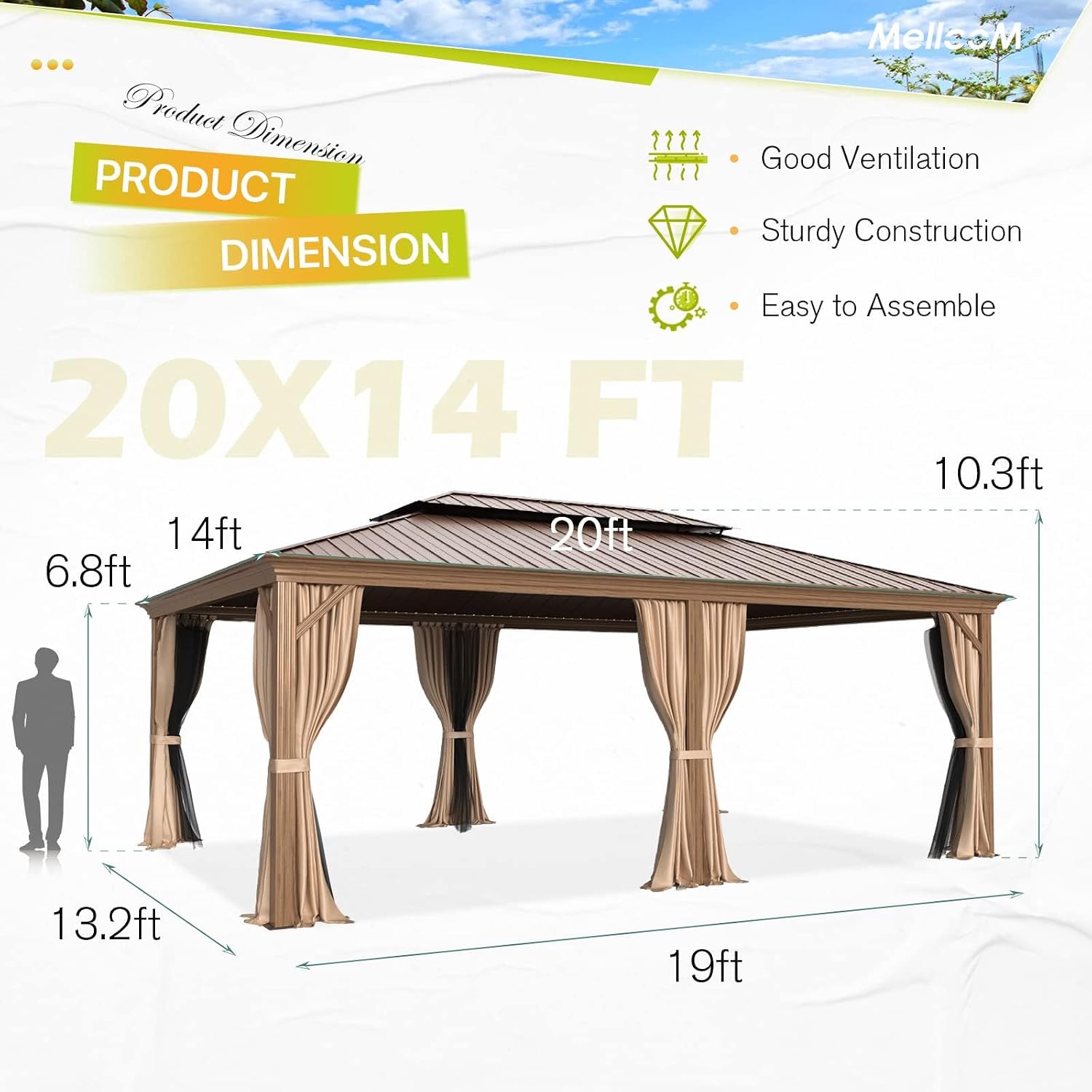 YOLENY 14'x20' Gazebo, Galvanized Steel Double Roof with Wood Grain Aluminum Frame, Outdoor Permanent Metal Pavilion with Curtains and Nettings for Patio, Backyard and Deck