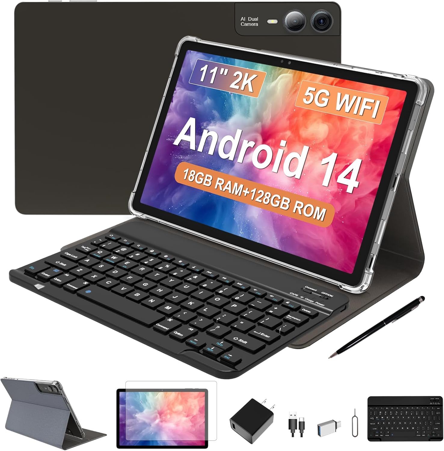 2026 Latest 11 inch Android Tablet, 18GB RAM, 128GB ROM, 1TB Expand, 2K Display, T616 Octa-Core, 5G WiFi, 13MP+5MP+5MP Camera, GPS, 9000mAh, Tablet with Keyboard/Case/Pen, Quad Speakers