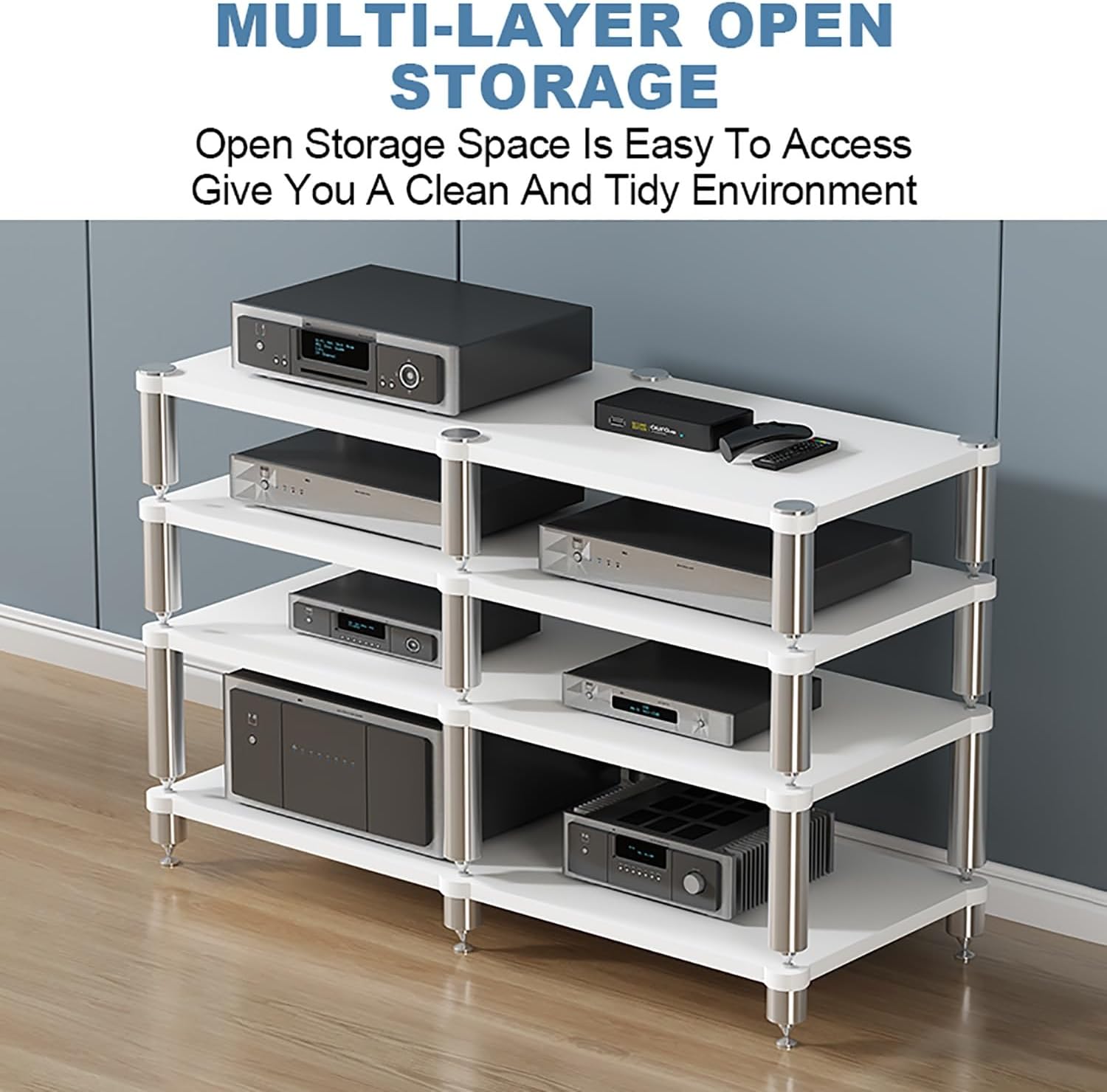 Portable Gaming Shelf Media Stand - Stylish Wood Audio Rack Tower for Projectors, DVD Players, Game Consoles, & Cable Boxes - 120x Adjustable Storage Organizer
