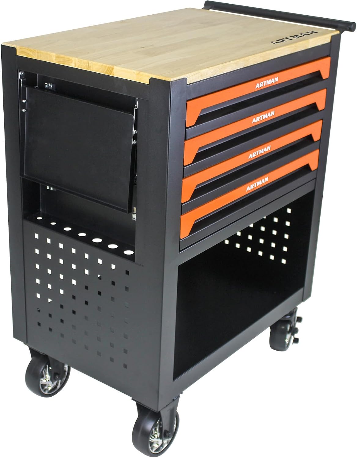 4 Drawers Tool Chest on Wheels,Tool Storage Cart with Wooden Top,Drawers Rolling Tool Box Organizer Tool Case with Lock for Garage,Warehouse,Workshop,Repair Shop (4 Drawers-35.4'H-Black&Orange)