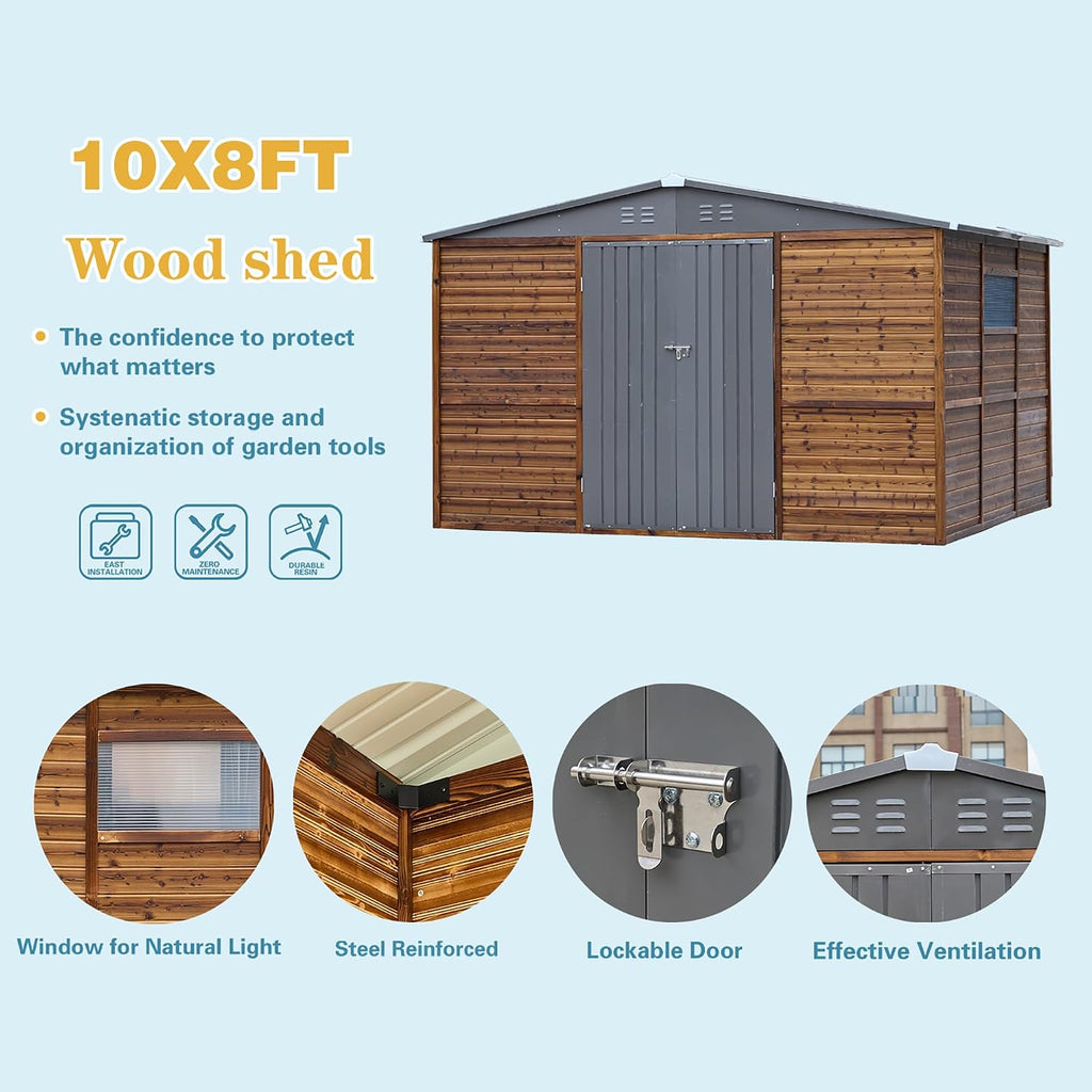 8x10 FT Outdoor Tool Shed, Wood-Iron Combination Storage Shed with Ventilation, Weather-Resistant Roof, Lockable Doors & Wood Grain Finish for Backyard and Garden
