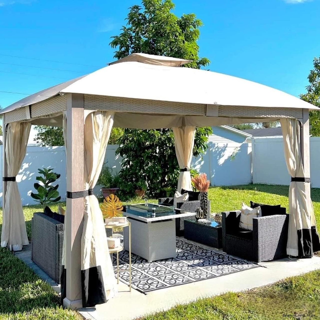 Sunjoy 11 ft. x 13 ft. Gazebo with Sunbrella Shade Fabric Canopy Roof, Outdoor Patio Steel Frame 2-Tier Soft Top Gazebo with All Aluminum Posts,5 Years Non-Fading Burlywood