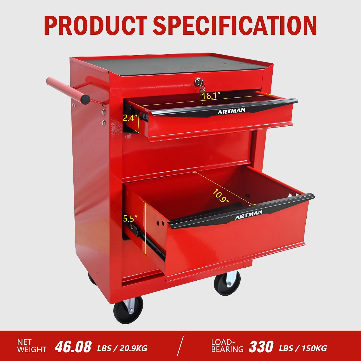 4 Drawers Rolling Tool Box on Wheels, Multifunctional Tool Chest Cabinet with Lock, Drawers Rolling Tool Cart Trolley Organizer Tool Storage Case for Warehouse,Garage,Workshop (Red)