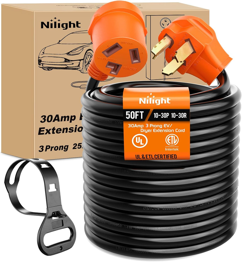Nilight 50FT EV Dryer Extension Cord 3 Prong 30 Amp NEMA 10-30P 10-30R Old Extensions Cable Heavy Duty 10 Gauge Pure Copper Wire UL Listed 125/250V for Level 2 Using