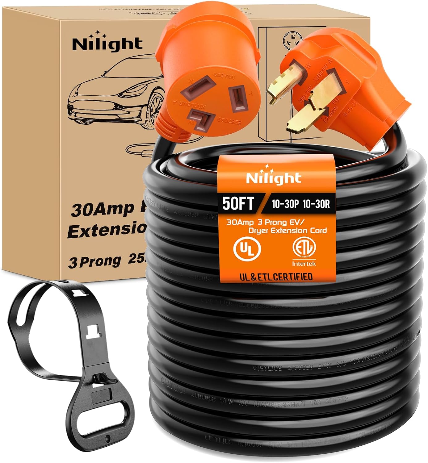 Nilight 50FT EV Dryer Extension Cord 3 Prong 30 Amp NEMA 10-30P 10-30R Old Extensions Cable Heavy Duty 10 Gauge Pure Copper Wire UL Listed 125/250V for Level 2 Using