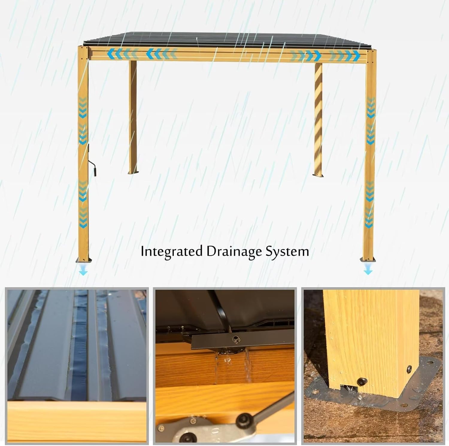 Domi Louvered Pergola 10x13FT, Outdoor Wood Grain Pergola Aluminum Frame with Adjustable Rainproof Metal Roof, Permanent Sun Shade with Drainage System for Deck Garden Yard
