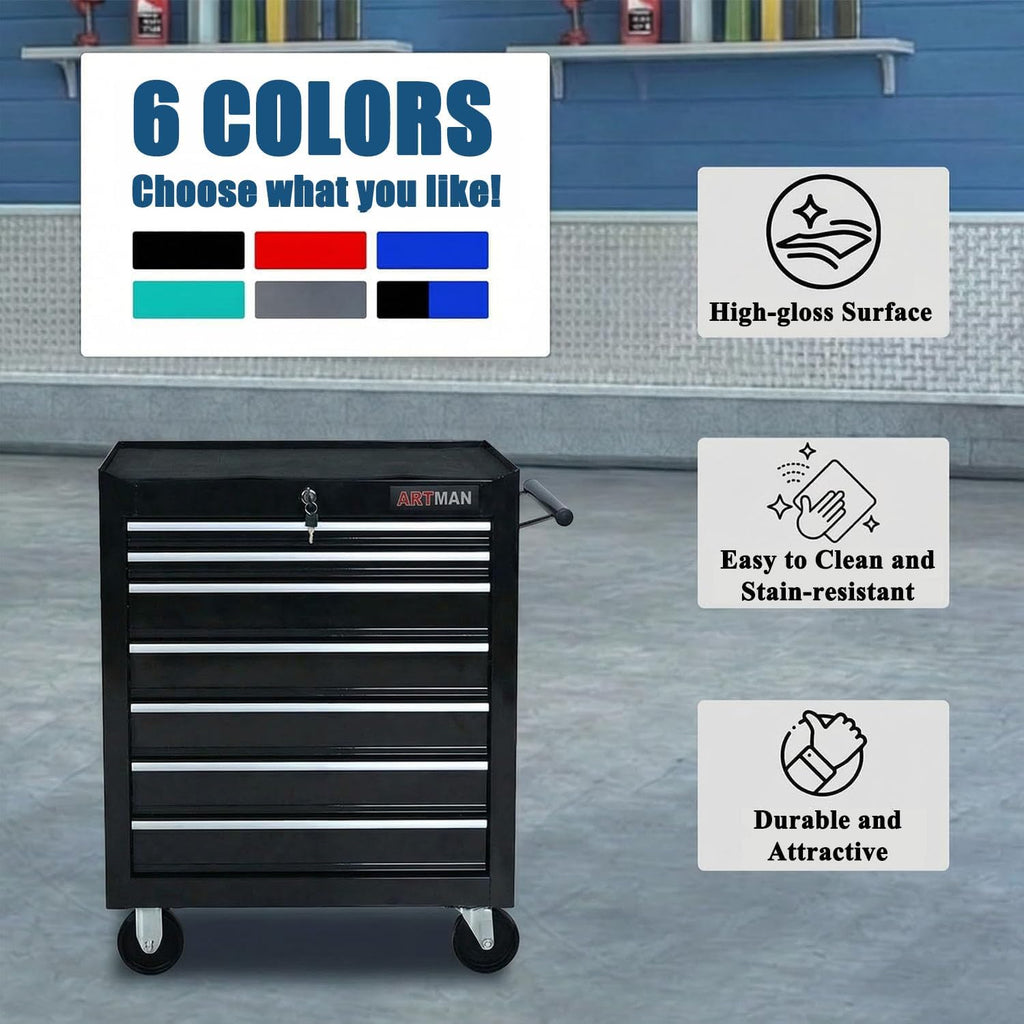 7 Drawers Tool Cart on Wheels,Multifunctional Rolling Tool Chest Tool Storage,Drawers Rolling Tool Trolley Organizer Tool Case for Garage,Warehouse,Workshop,Repair Shop (7 Drawers-Black)