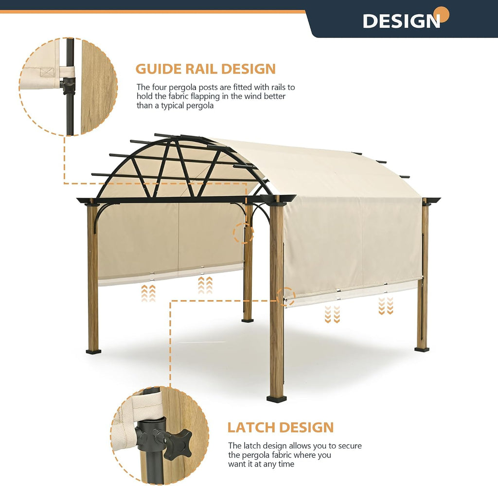 HAPPATIO 12' X 12' Outdoor Pergola with Sling Retractable Canopy, Wood-Like Aluminum Patio Pergola Shade Arched Top for Patio, Backyard, Garden,Poolside