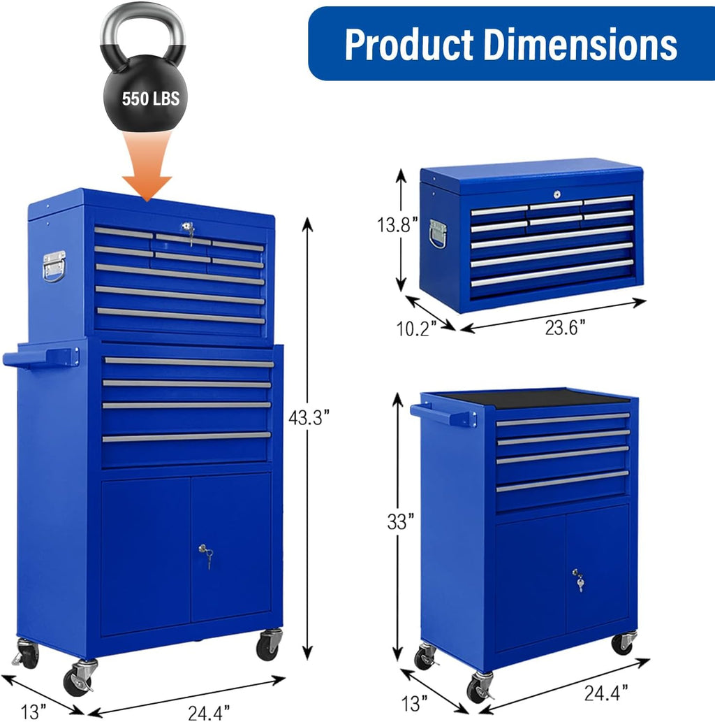 13 Drawers Tool Chest with Wheels, Rolling Tool Box with Drawers, Metal Tool Cabinet for Garage, Workshop(Blue)